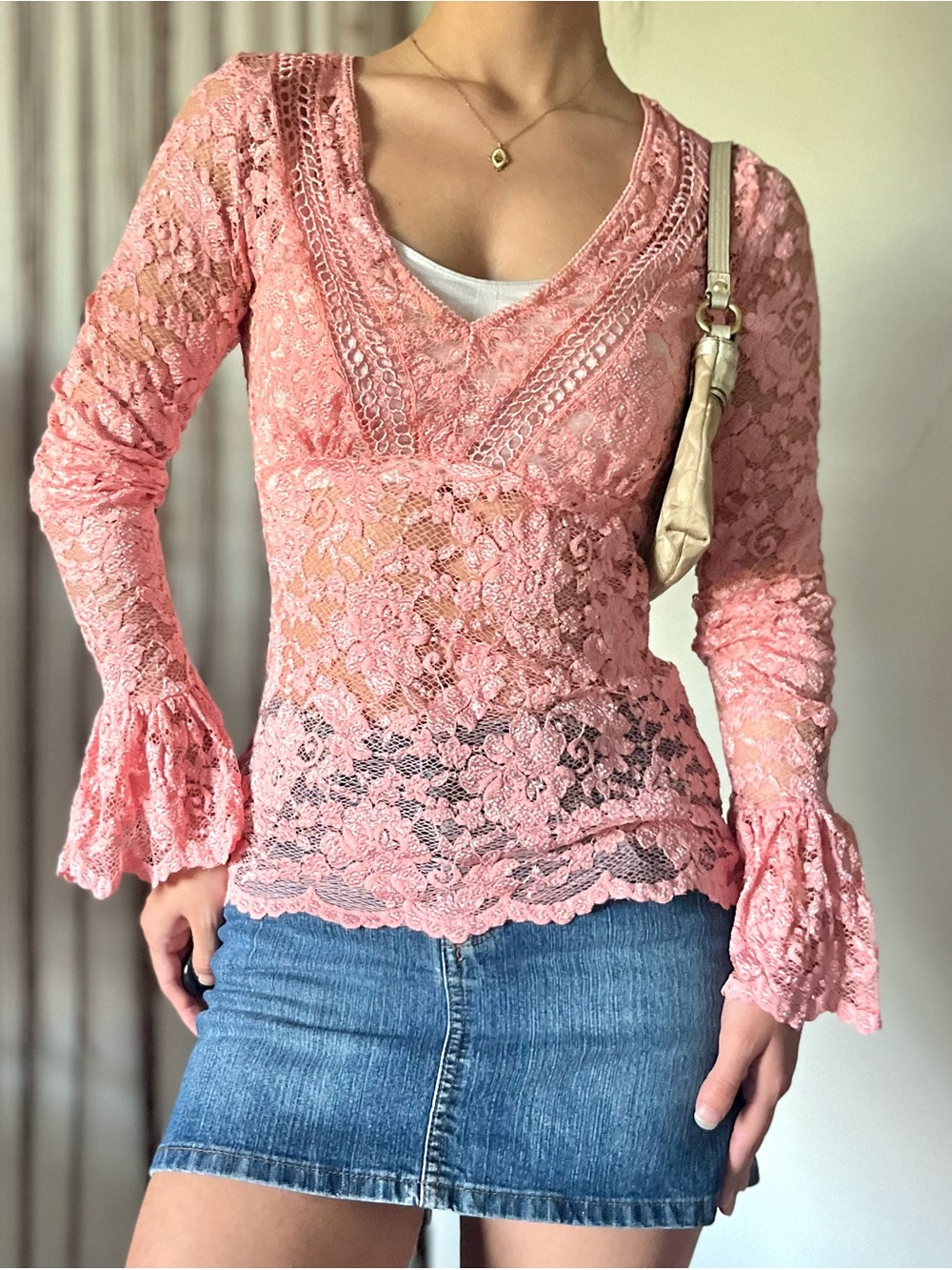 vintage moda international sheer lace floral long sleeve top ruffle bell sleeves